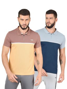 Technosport - Multi-Color Men Pack of 2 Colorblock Slim Fit Polo Sports T-shirt