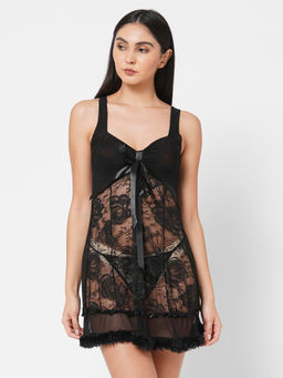 Sweet Dreams - Black Solid Semi-Sheer Net Baby Doll with Thong (Pack of 2)