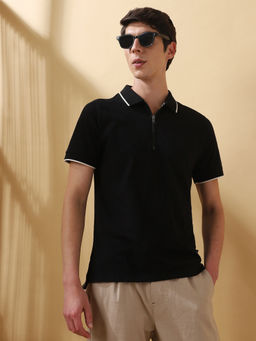 Dennis Lingo - Men Solid Cotton Half Sleeves Regular Fit Black Polo T-Shirt