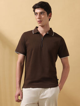 Dennis Lingo - Men Solid Cotton Half Sleeves Regular Fit Brown Polo T-Shirt
