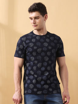 Dennis Lingo - Men Printed Cotton Slub Round Neck Half Sleeves Regular Fit Navy Blue T-Shirt