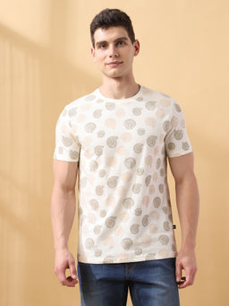 Dennis Lingo - Men Printed Cotton Slub Round Neck Half Sleeves Regular Fit Off White T-Shirt