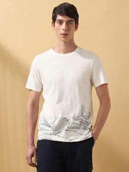 Dennis Lingo - Men Printed Cotton Round Neck Half Sleeves Regular Fit Off White T-Shirt