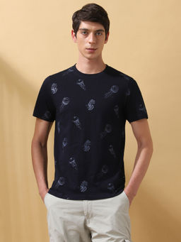 Dennis Lingo - Men Printed Cotton Slub Round Neck Half Sleeves Regular Fit Navy Blue T-Shirt