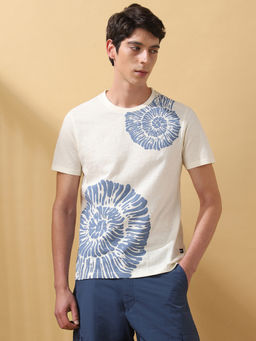 Dennis Lingo - Men Printed Cotton Round Neck Half Sleeves Regular Fit Off White T-Shirt