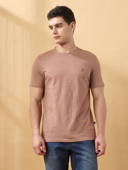 Dennis Lingo - Men Solid Cotton Round Neck Half Sleeves Regular Fit Brown T-Shirt