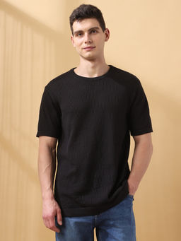 Dennis Lingo - Men Textured Poly Cotton Round Neck Half Sleeves Regular Fit Black T-Shirt