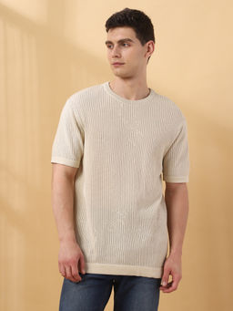 Dennis Lingo - Men Textured Poly Cotton Round Neck Half Sleeves Regular Fit Off White T-Shirt