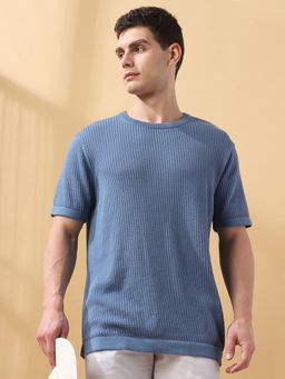 Dennis Lingo - Men Textured Poly Cotton Round Neck Half Sleeves Regular Fit Blue T-Shirt