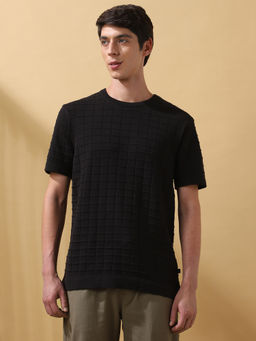 Dennis Lingo - Men Textured Poly Cotton Round Neck Half Sleeves Regular Fit Black T-Shirt