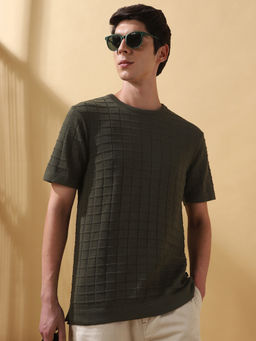 Dennis Lingo - Men Textured Cotton Poly Round Neck Half Sleeves Regular Fit Green T-Shirt