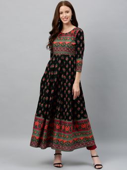 Kipek - Women Black Block Print Anarkali Kurta