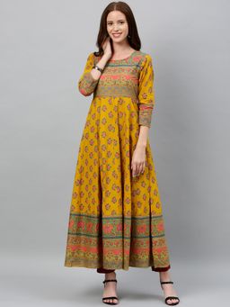 Kipek - Women Mustard Block Print Anarkali Kurta