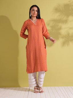 Globus - Women Rust Lace Insert V-Neck Striped Woven Design Straight Kurta