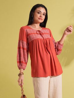 Globus - Women Rust Tie-Up Round Neck Bishop Sleeves Ethnic Print A-Line Tunic