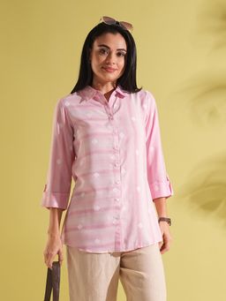 Globus - Women Pink Collar Neck Roll-Up Sleeves Geometric Woven Design Shirt Style Tunic