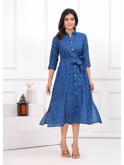 Meeranshi - Indigo Blue Butta Printed A-Line Collar and Belted Calf Length Kurta with Belt (Set of 2)