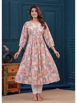 Meeranshi - Cream and Orange Floral Printed Embroidered Nayara Cut Calf-Length Kurta