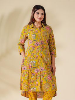 ARAMYA - Soft Cotton High Low Foliage Print Kurta