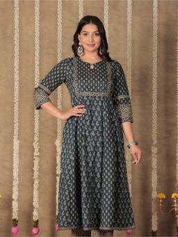 ARAMYA - Soft Cotton Anarkali Block Print Kurta
