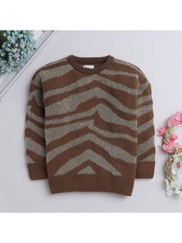 Yellow Apple - Brown Self Design Cozy Warm Kids Full Sleeve Sweater