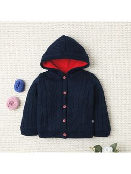 Yellow Apple - Navy Blue Self Design Cozy Warm Kids Full Sleeve Cardigan