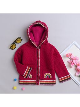 Yellow Apple - Pink Self Design Cozy Warm Kids Full Sleeve Cardigan