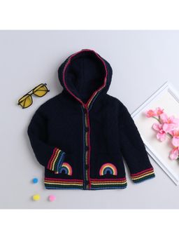 Yellow Apple - Navy Blue Self Design Cozy Warm Kids Full Sleeve Cardigan