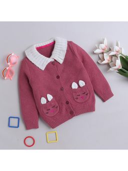 Yellow Apple - Pink Self Design Cozy Warm Kids Full Sleeve Cardigan