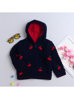 Yellow Apple - Navy Blue Embroidered Cozy Warm Kids Full Sleeve Reversible Cardigan