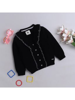 Yellow Apple - Black Self Design Cozy Warm Kids Full Sleeve Cardigan