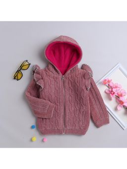 Yellow Apple - Pink Self Design Cozy Warm Kids Full Sleeve Cardigan