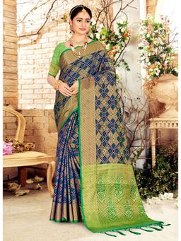 Sangam Prints - Navy Blue Patola Silk Woven Zari Work Traditional Tassel Saree with Unstitched Blouse