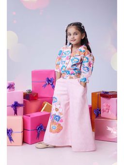 MASTARANG - Flared Pant With Overlapped Printed Top And Puff Sleeve (Set of 2)