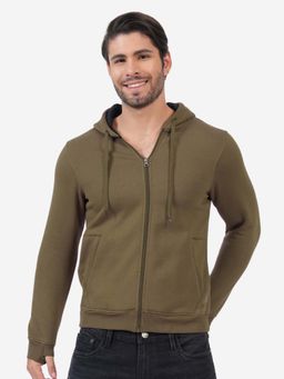 Bonjour - Men's Olive Solid Zipper Hooded Jacket