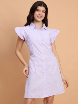 Buynewtrend - Purple Stylish Striped Women A-Line Cotton Collar Dress