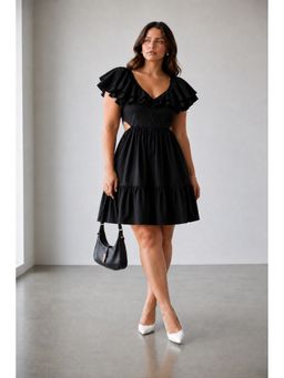 Virgio - Black Solid Cotton Ruffle Sleeve Mini Plus Size Dress