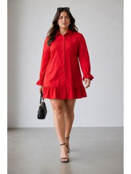Virgio - Red Solid Cotton Mini Shirt Plus Size Dress