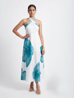 Exude - White Floral Print Halter Neck A-Line Dress
