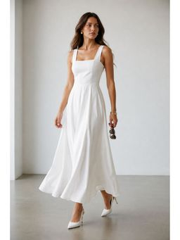 Virgio - White Solid Cotton Fit and Flare Dress with Bow