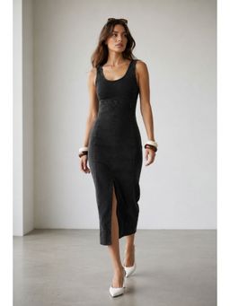Virgio - Black Solid Cotton Denim Bodycon Dress