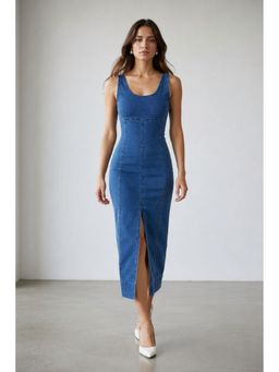 Virgio - Blue Solid Cotton Denim Bodycon Dress