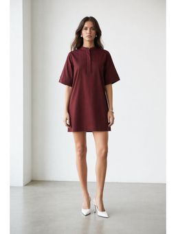 Virgio - Maroon Solid Cotton Boxy Fit Classic Shirt Dress