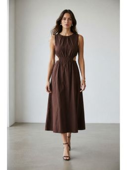 Virgio - Brown Solid Cotton Gathered Dress