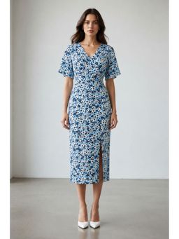 Virgio - Blue Floral Viscose Printed Side Slit Dress