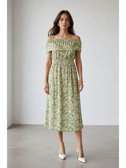Virgio - Green Floral Cotton Printed Off-Shoulder Dress