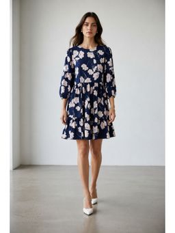 Virgio - Blue Floral Linen Printed Tiered Hem Dress
