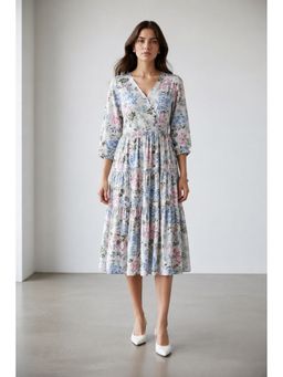 Virgio - White Floral Viscose Printed V-Neck Dress