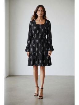 Virgio - Black All Over Print Viscose Printed Square Neck Dress