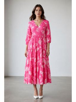Virgio - Pink Floral Viscose Printed V-Neck Dress